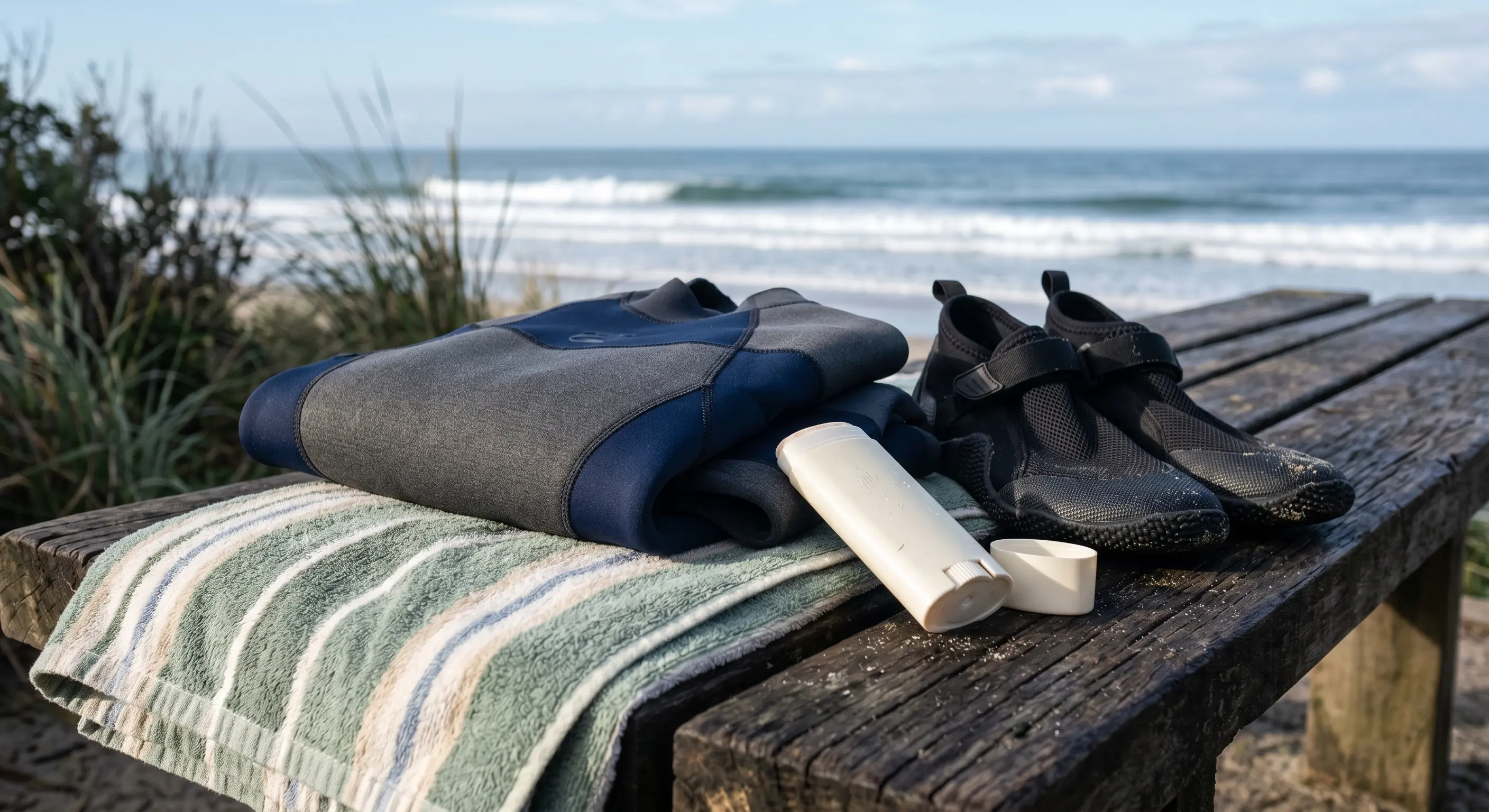 Baja morning surf gear on a weathered bench