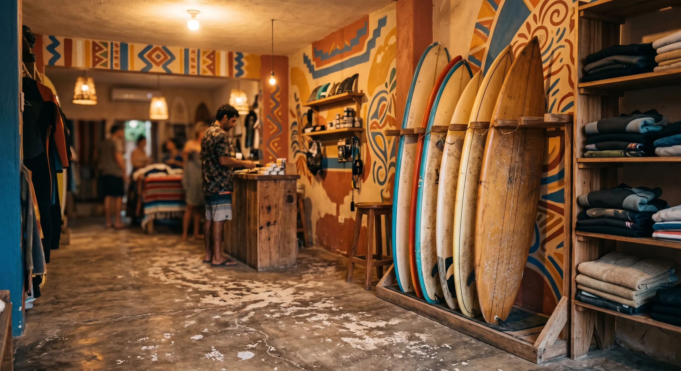 Warm-lit indie surf shack interior with board racks