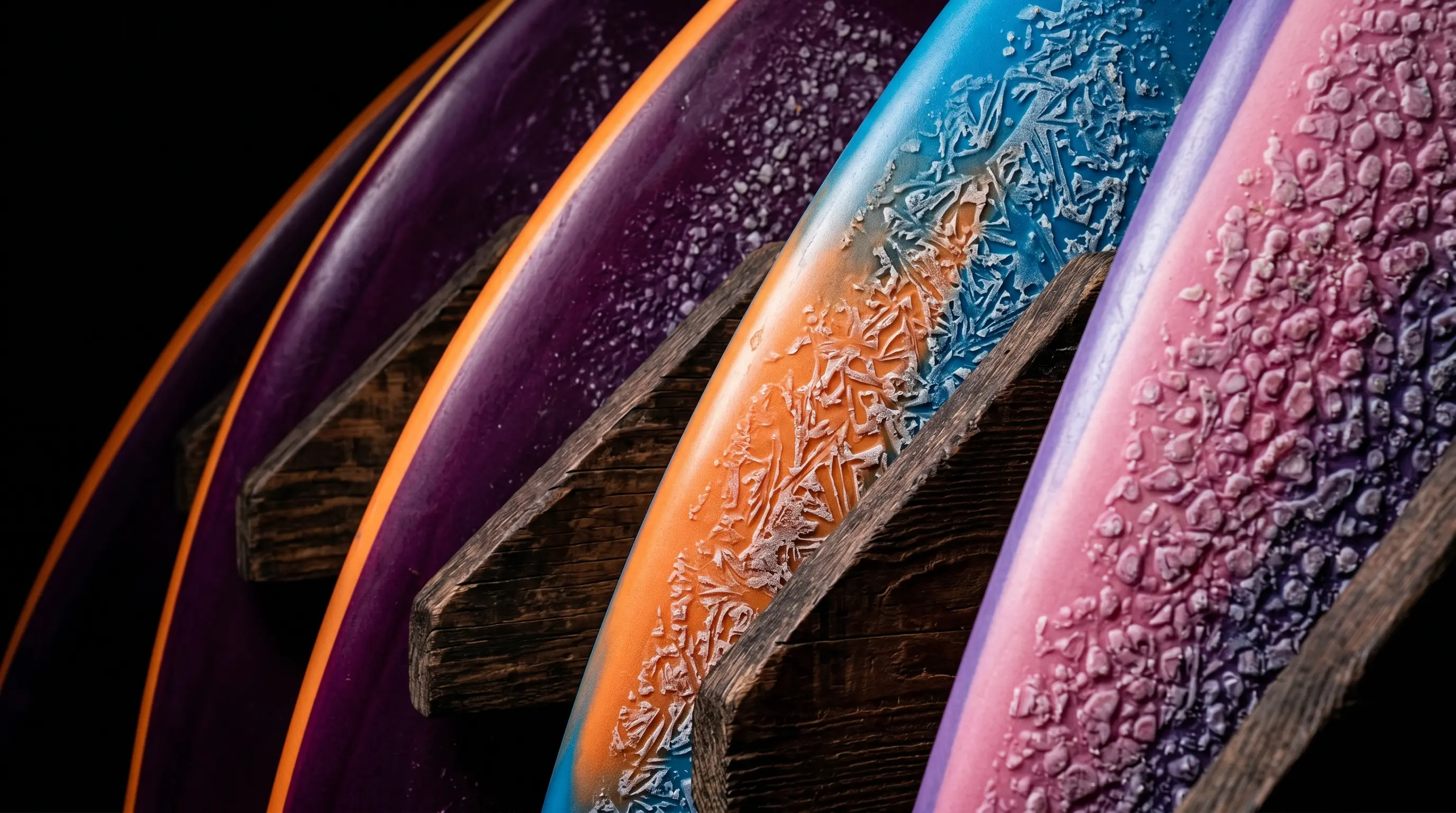 Detail of surfboard rails on a wooden rack
